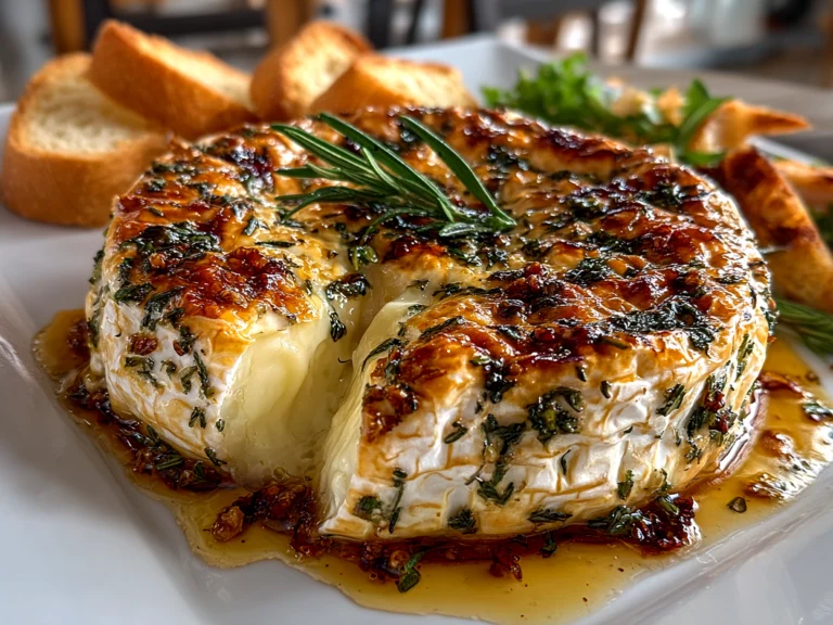 Freshly prepared baked brie with garlic and herbs